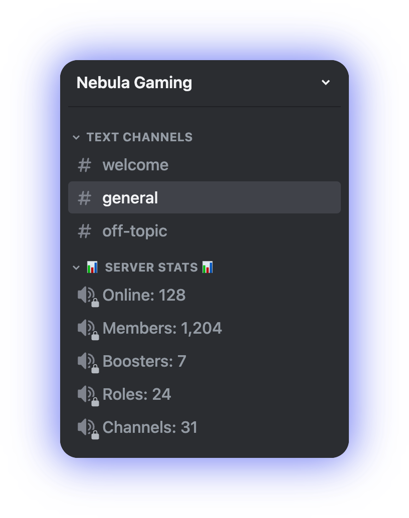 A Discord channel list showing a Server Stats category with counter channels